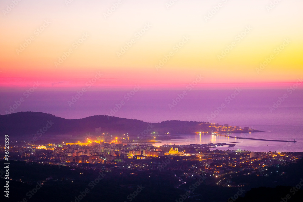 Landscape with the image of Bar panarama, Montenegro,  sunset