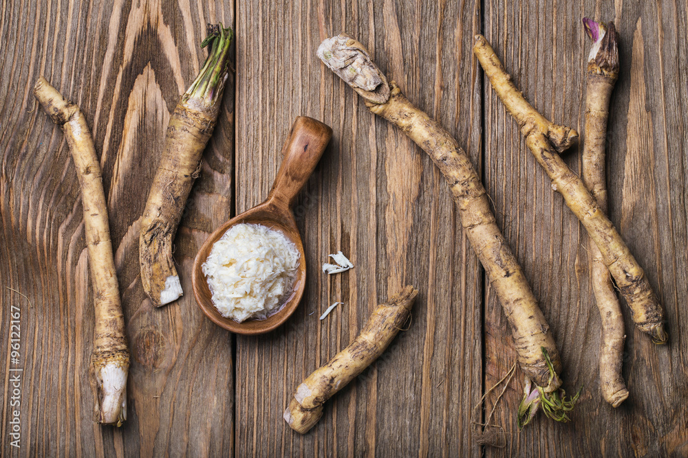 Seasoning of grated horseradish, top view Seasoning of grated horseradish, top view