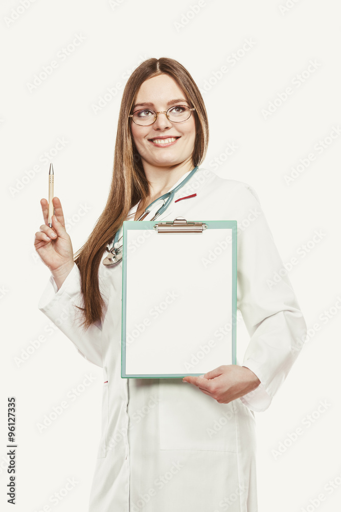 Woman doctor with stethoscope, clipboard and pen. Woman doctor with stethoscope, clipboard and pen.