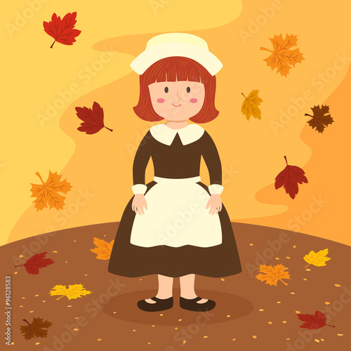 Illustration of thanksgiving greeting card with a girl in autumn background.