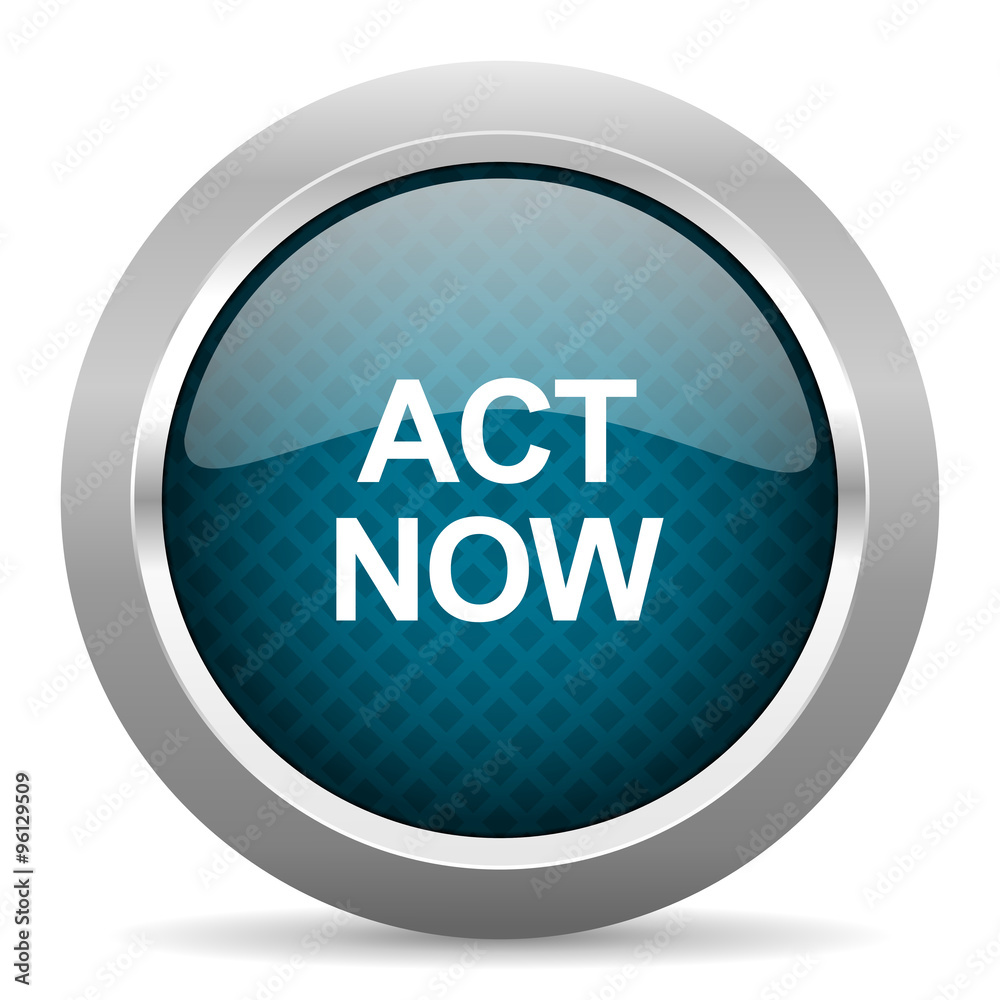 act now blue silver chrome border icon on white background act now blue silver chrome border icon on white background