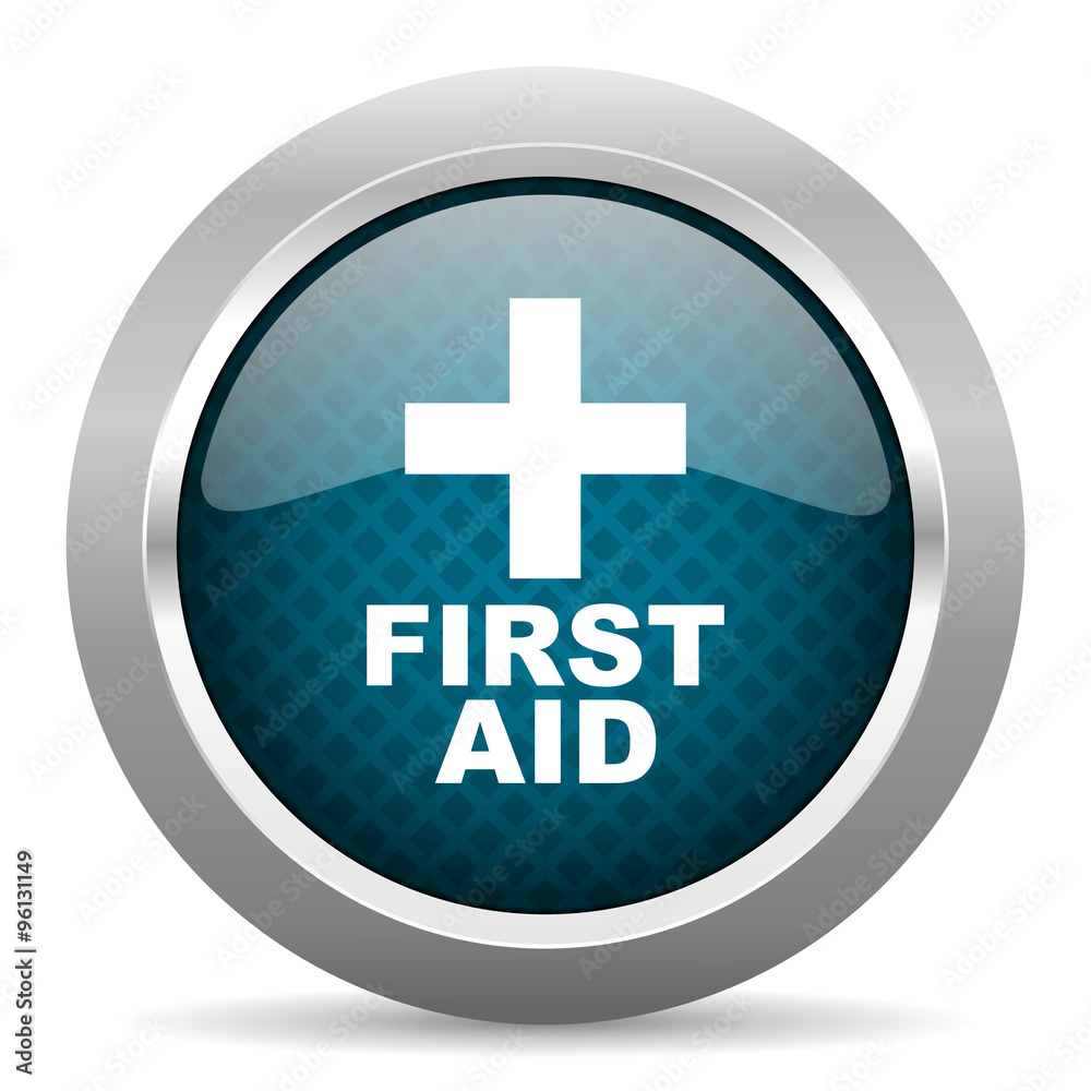 first aid blue silver chrome border icon on white background first aid blue silver chrome border icon on white background