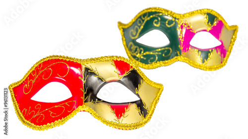 Two Venetian carnival half-mask gold red green black pink asymme