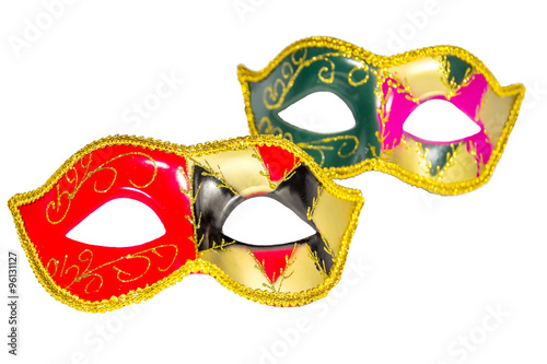 Two Venetian carnival half-mask gold red green black pink asymme
