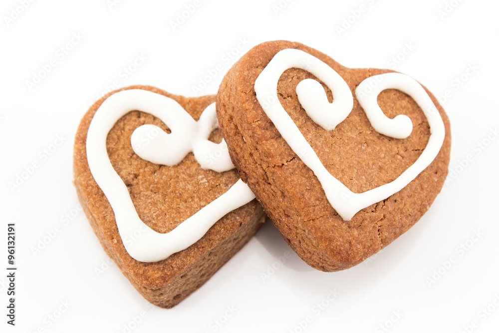 Gingerbread cookies hearts isolated on white - obrazy, fototapety, plakaty 