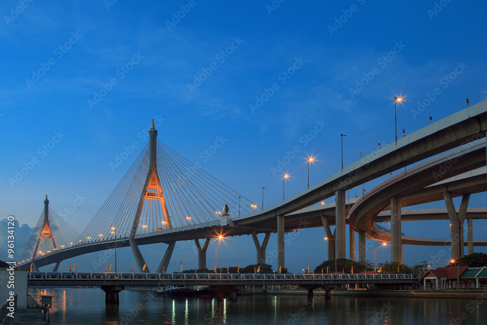 morning blue light sky and bhumibol II bridge crossing chaopraya morning blue light sky and bhumibol II bridge crossing chaopraya