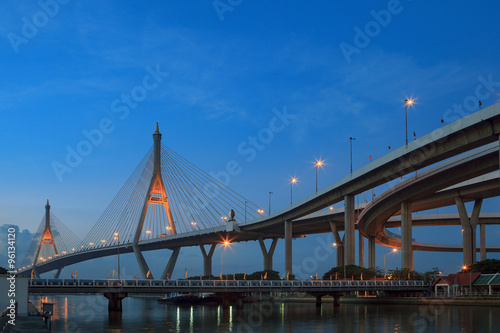 morning blue light sky and bhumibol II bridge crossing chaopraya