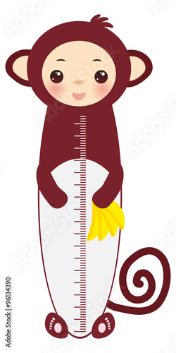 Kawaii funny monkey holding bananas, muzzle with pink cheeks and big black eyes isolated on white background Children height meter wall sticker, kids measure. Vector