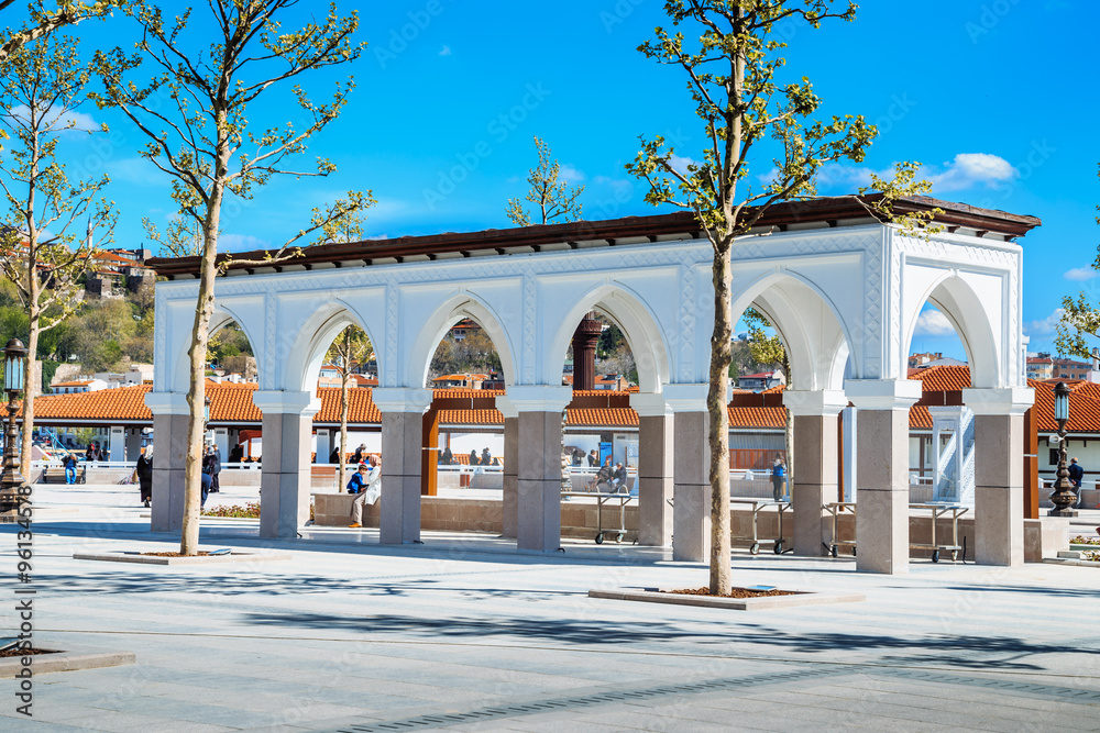 Obraz premium Outer yard of ancient mosque where the tourists have rest ,the mosque located over a hill and built in the time of ottomans in Ankara city in Turkey