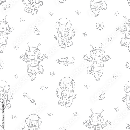 Space vector seamless pattern with cartoon cats astronauts and dogs astronauts on  white background. Doodle image.