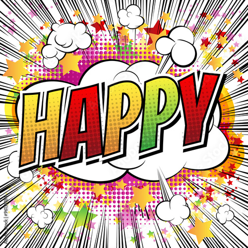 Fototapeta Happy - Comic book style card with abstract background.