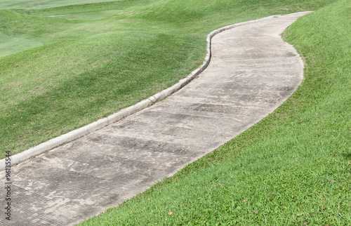 Path curving through green lawn in golf course. © mrcmos