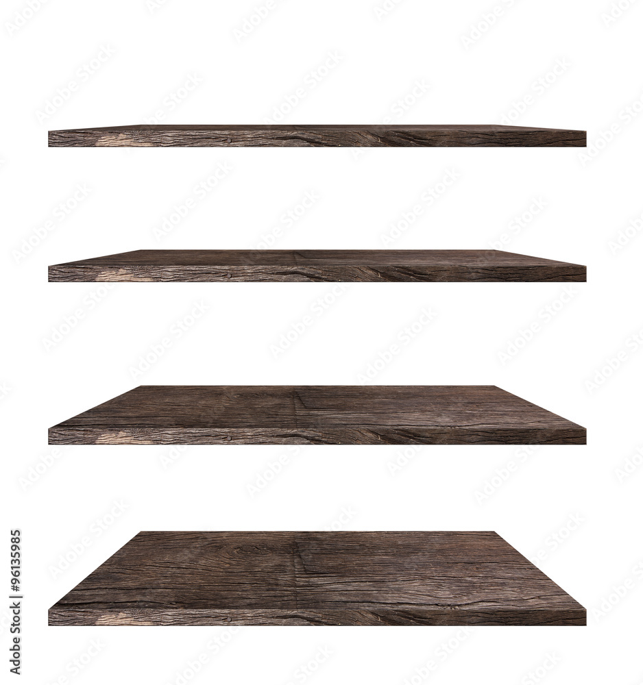 collection of wooden shelves on an isolated white background Stock ...