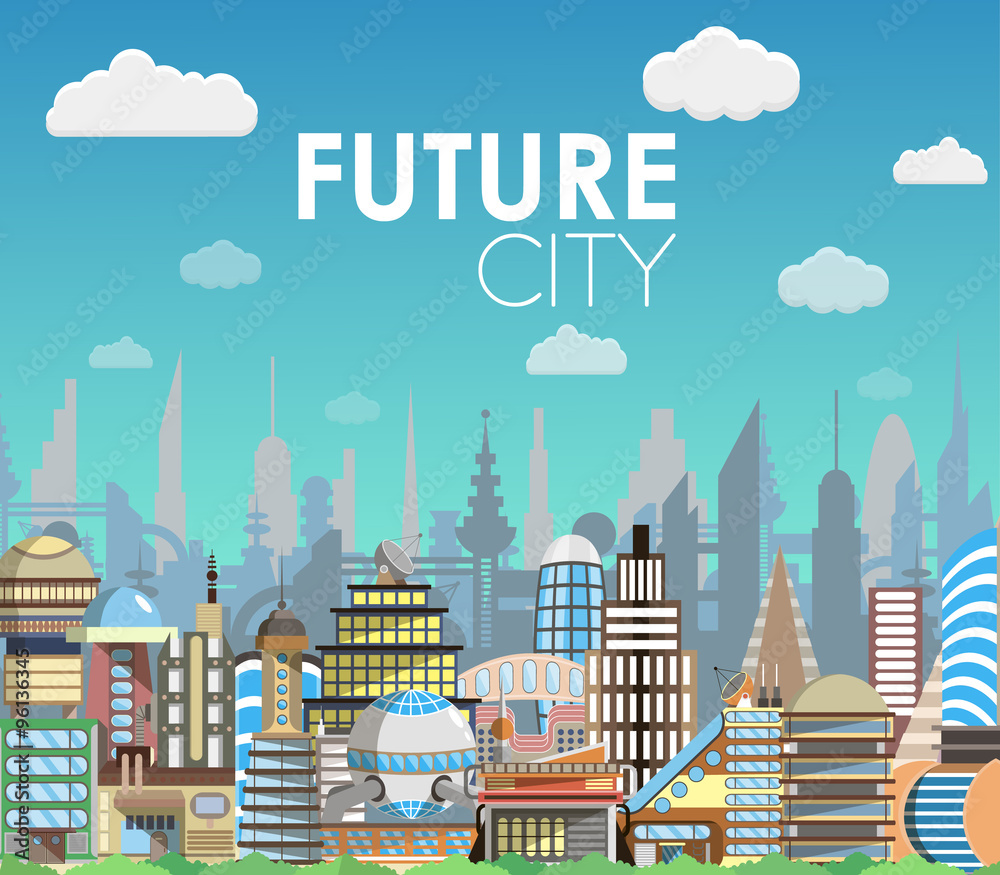 Future city landscape cartoon vector illustration. Modern building set.