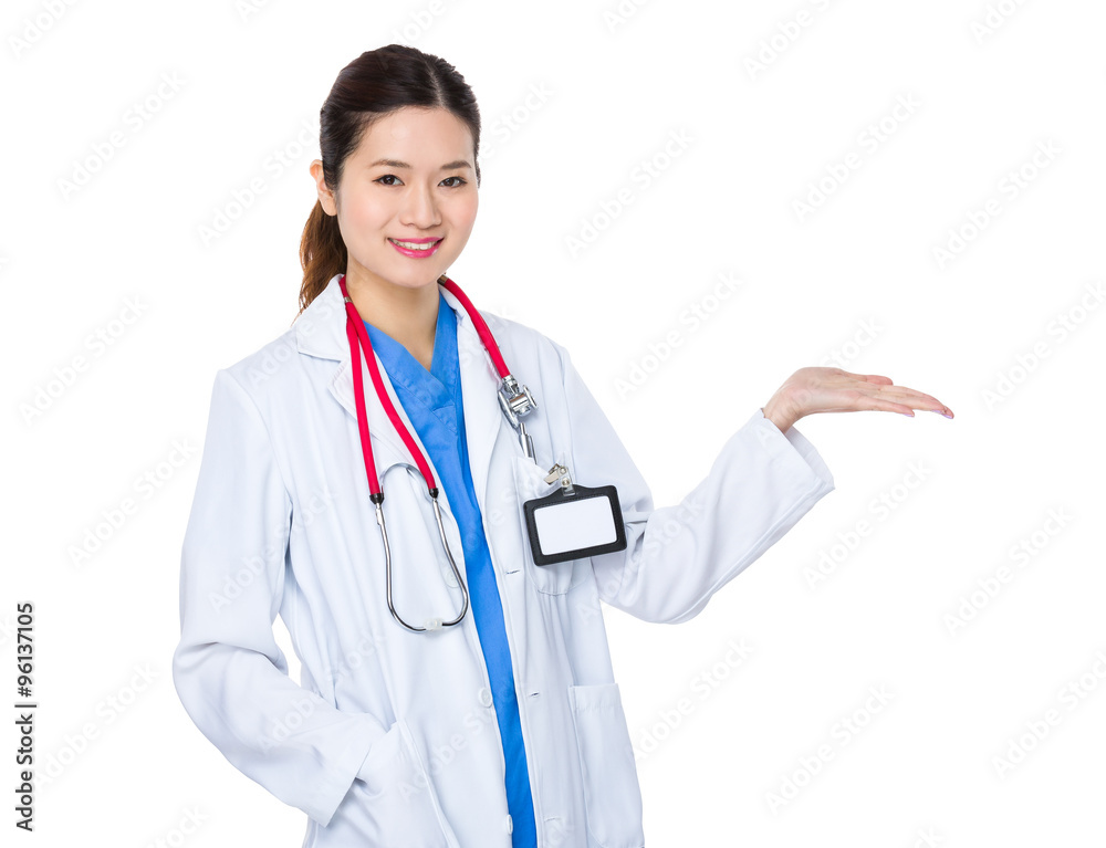 Young Doctor with open hand palm Young Doctor with open hand palm