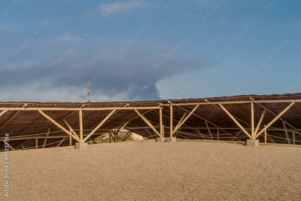 Protective roofs at archeological site Huaca Arco Iris (Rainbow Temple) in Trujillo, Peru