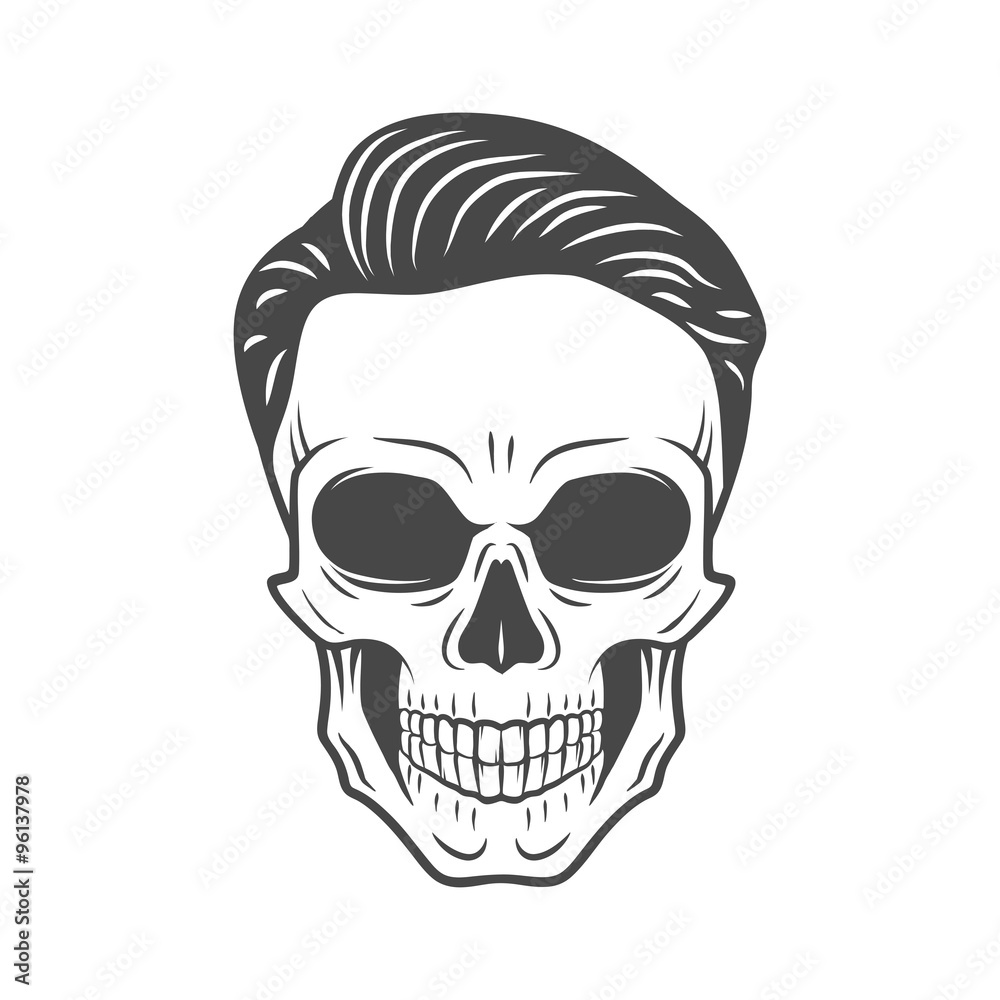 Young stylish skull with hipster hair. Glamour rock skeleton logo template