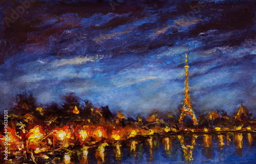 Painting Yellow lights of Eiffel Tower reflected in Seine river in blue night #96138301