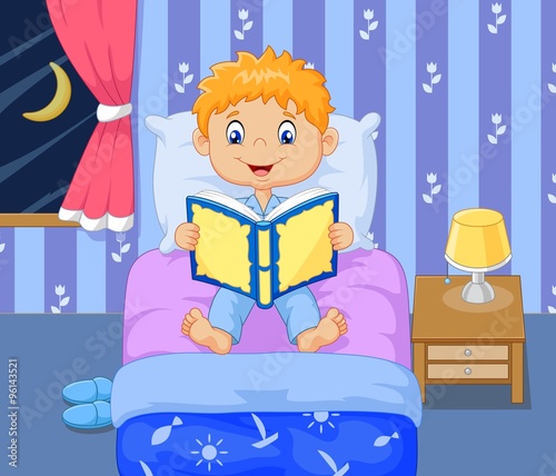 Cartoon lttle boy reading bed time story