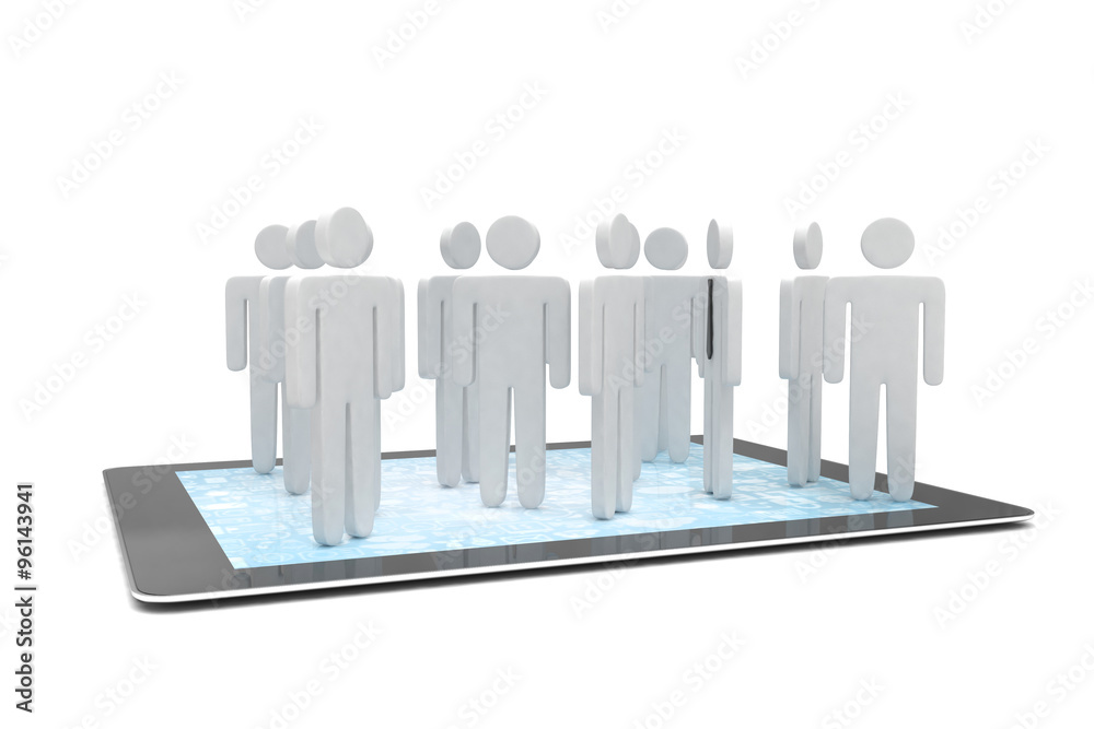 group of people figures on tablet PC, 3d render group of people figures on tablet PC, 3d render