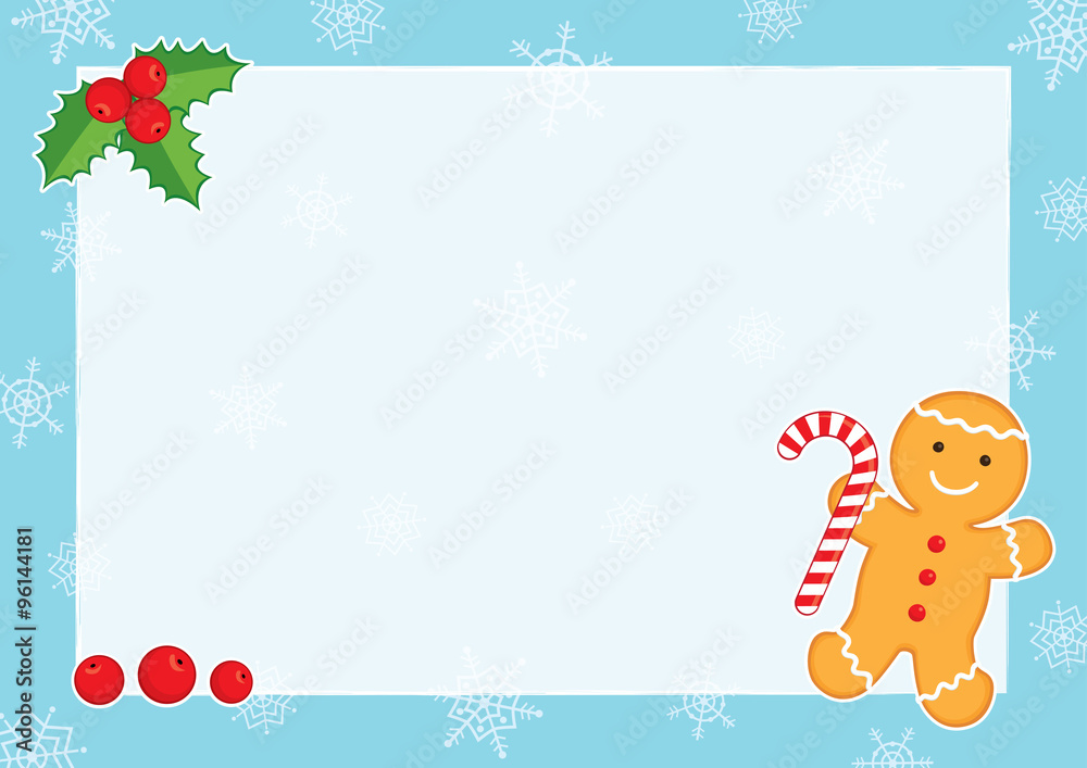 Vector Christmas background with blue frame, snowflakes, holly berries and gingerbread man. Place for text on a white background. Format A3/A4 horizontal, simple composition.
