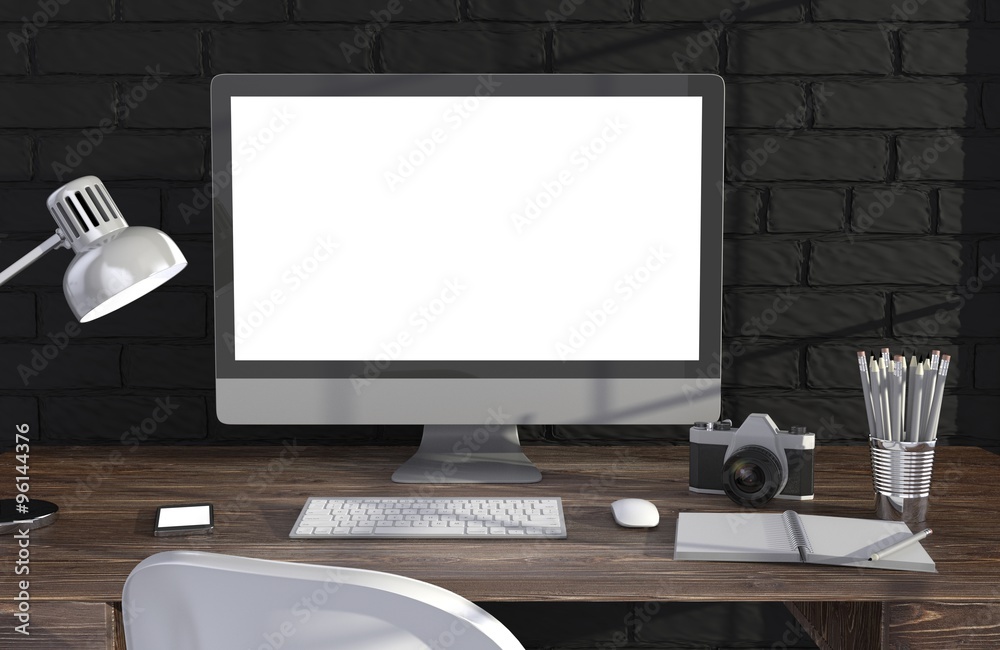 Fototapeta premium 3D illustration PC screen on table in office, Workspace