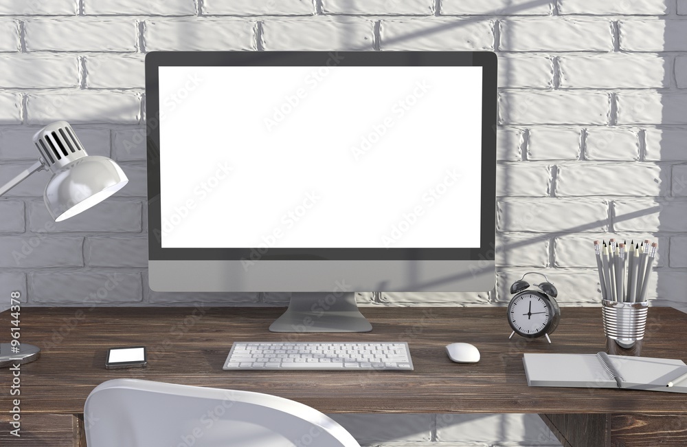 Fototapeta premium 3D illustration PC screen on table in office, Workspace