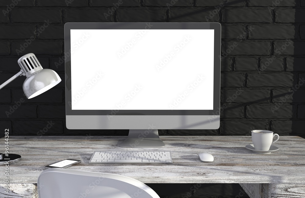 Fototapeta premium 3D illustration PC screen on table in office, Workspace