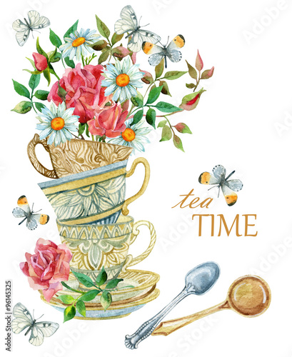 Watercolor tea cups background with spoon, flowers and butterfly.