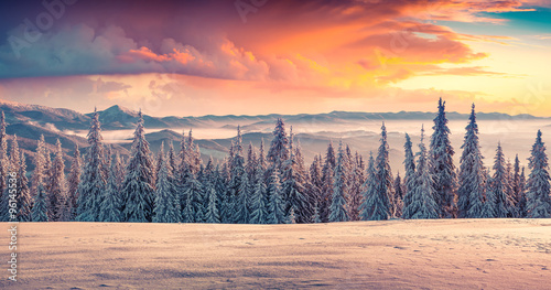 Colorful winter sunrise in the mountains.