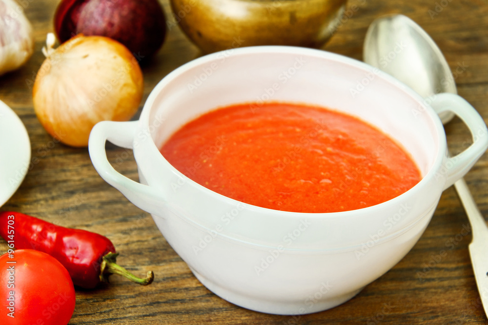 Fresh Homemade Classic Cold Gazpacho Soup. Fresh Homemade Classic Cold Gazpacho Soup.
