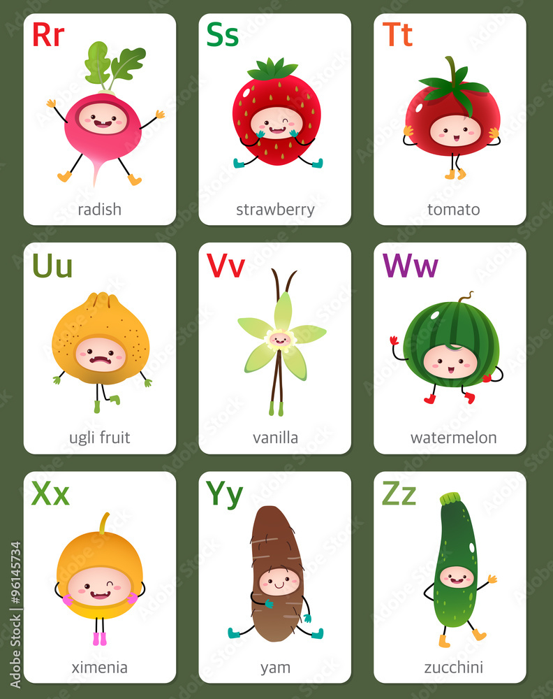 Printable flashcard English alphabet from R to Z with fruits and Stock  Vector | Adobe Stock