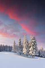 Colorful winter sunrise in the mountains.