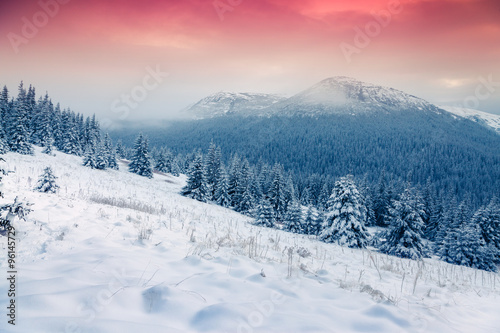 Colorful winter sunrise in the mountains