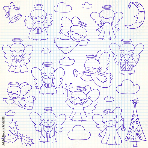 Collection of vector Christmas angels and ornaments in doodle st