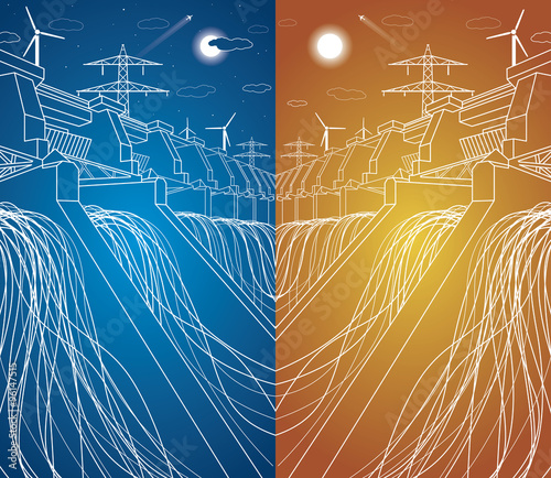 Vector hydro power plant, vector lines station, neon lines