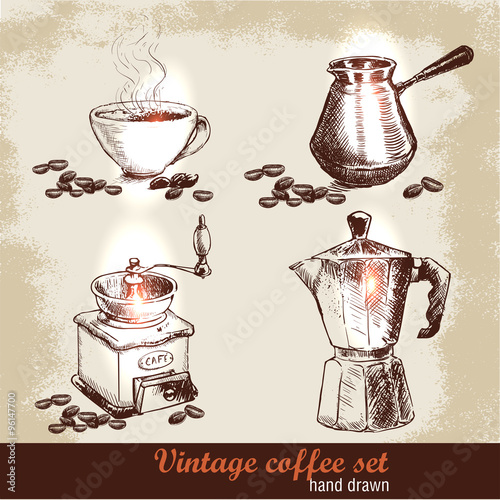 Vintage hand drawn coffee set with coffee beans. Sketch style. Grunge background