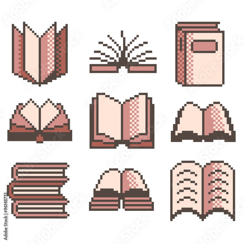 Pixel books for games icons vector set