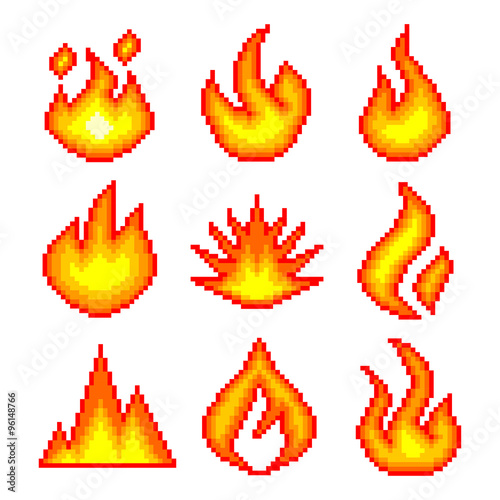 Pixel fire for games icons vector set