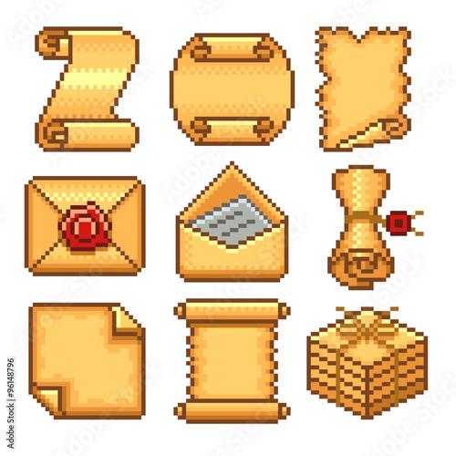 Pixel paper scrolls icons vector set
