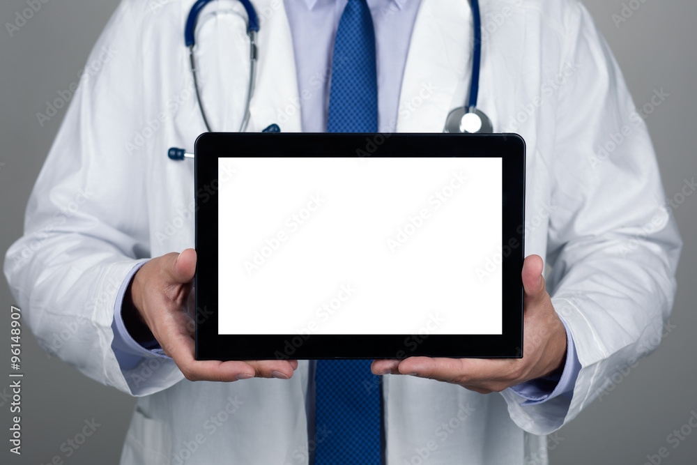 Close up view of doctor showing blank digital tablet Close up view of doctor showing blank digital tablet