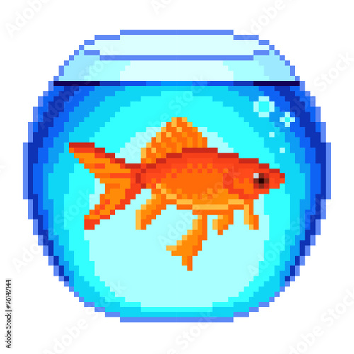 Pixel goldfish in fishbowl isolated vector