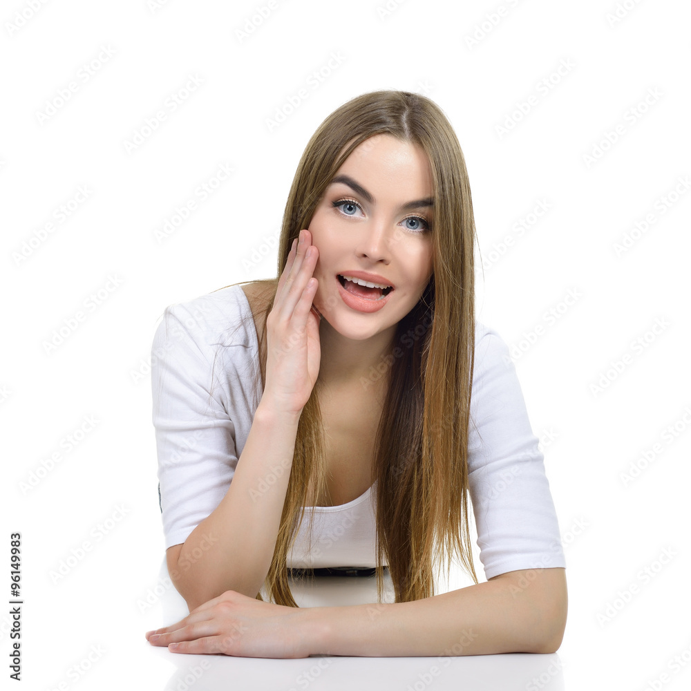Portrait of surprised girl with open mouth, over white backgroun Portrait of surprised girl with open mouth, over white backgroun