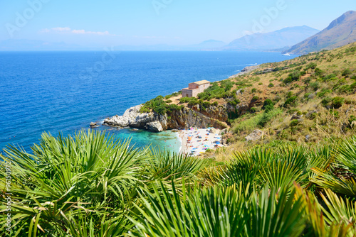 Fototapeta Naklejka Na Ścianę i Meble -  Paradise landscape with beach, sea, mountain, and tropical trees