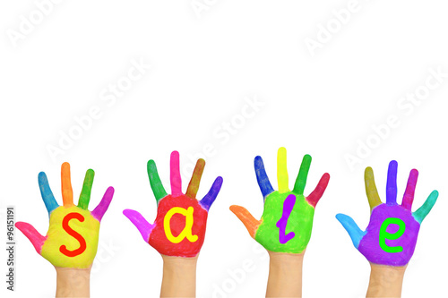 Word "sale" on colorful painted hands.