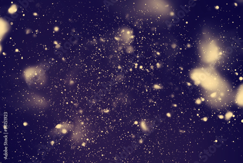 Snow Falling from Dark Night Sky. Digital Drawing. Blue Background