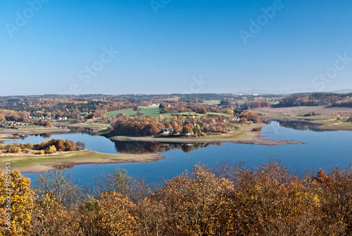 autumn Pohl dam and nice countryside around from Julius-Mosen-Turm lookout with clear sky © honza28683