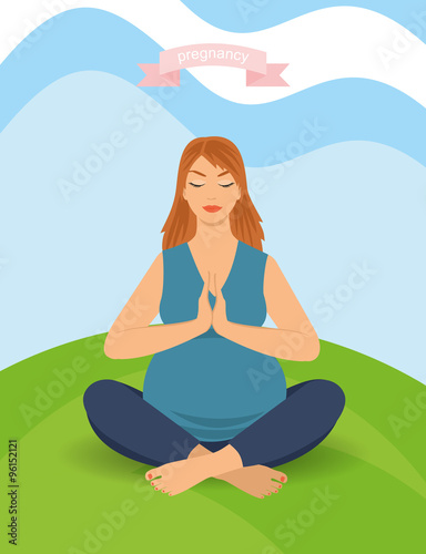 portrait of a beautiful young pregnant woman sitting in yoga pose outdoors. happy pregnant woman  vector illustration