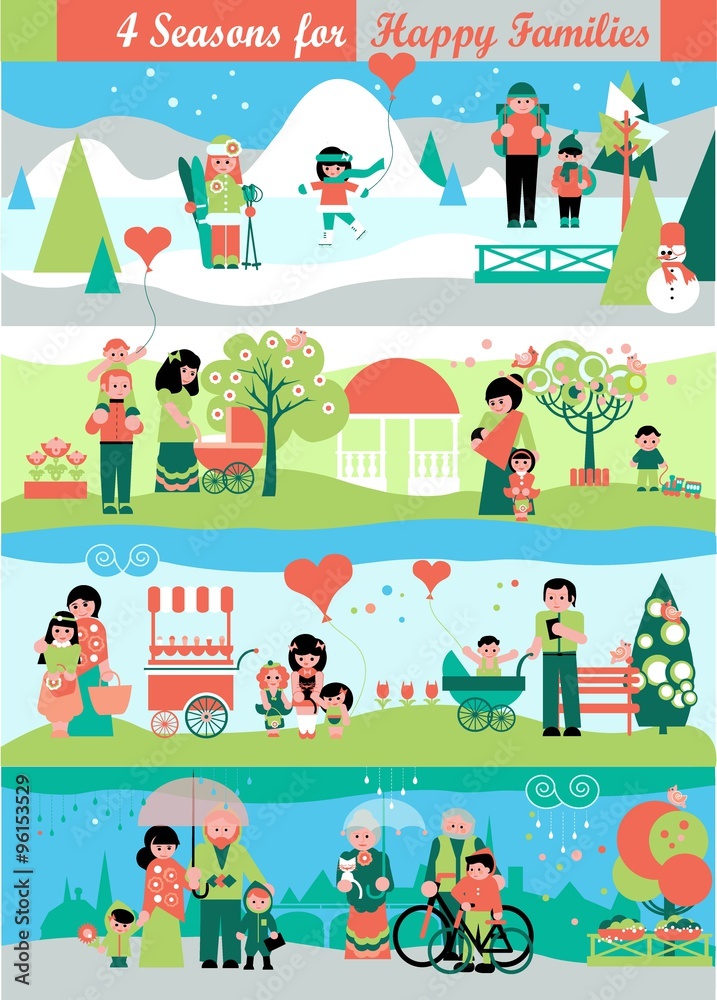 Obraz premium Banners Set with people and Seasons Landscapes.