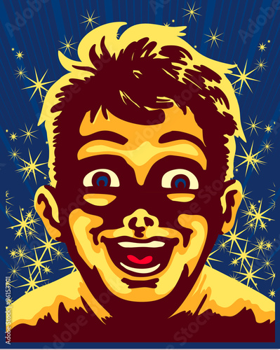 Happy amazed kid face surprised by magic or wonder  surrounded by glittering stars